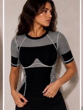 Manière De Voir Sculpt Compression Top XS Black Grey Contrast Stitch Fitted